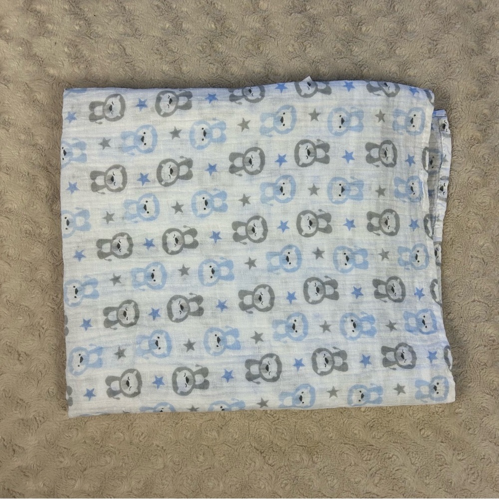 Just Born Blue White Gray Lion Baby Swaddle Blanket Stars Muslin Cotton